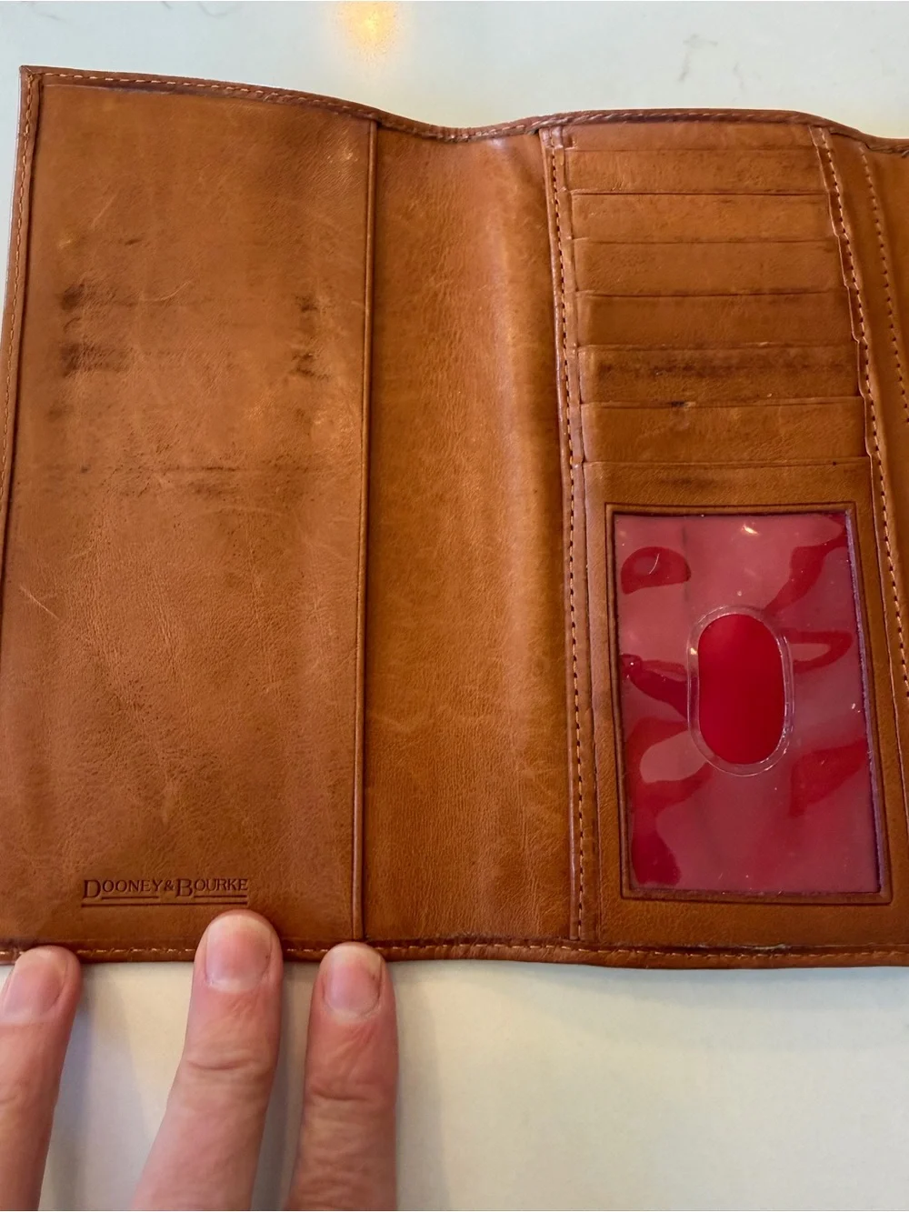 Dooney & Bourke Cognac Leather Tri Fold Wallet with Whipstitch Trim